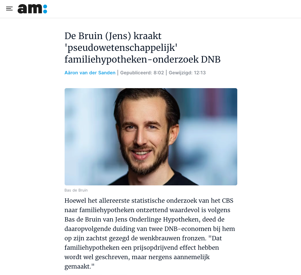 portretfoto van bas de bruin, co-founder van Jens Onderlinge Hypotheken met een foto van de intro van het AM Web artikel.